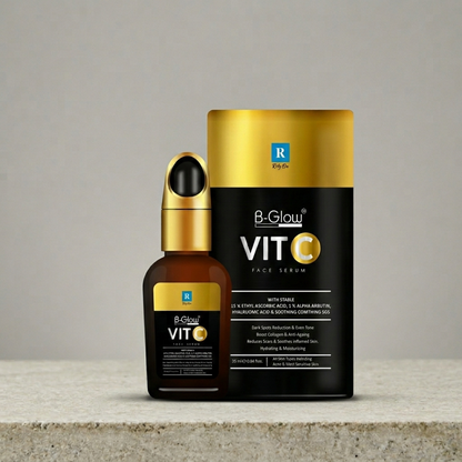 B-Glow Vitamin C face serum bottle and packaging on a neutral background