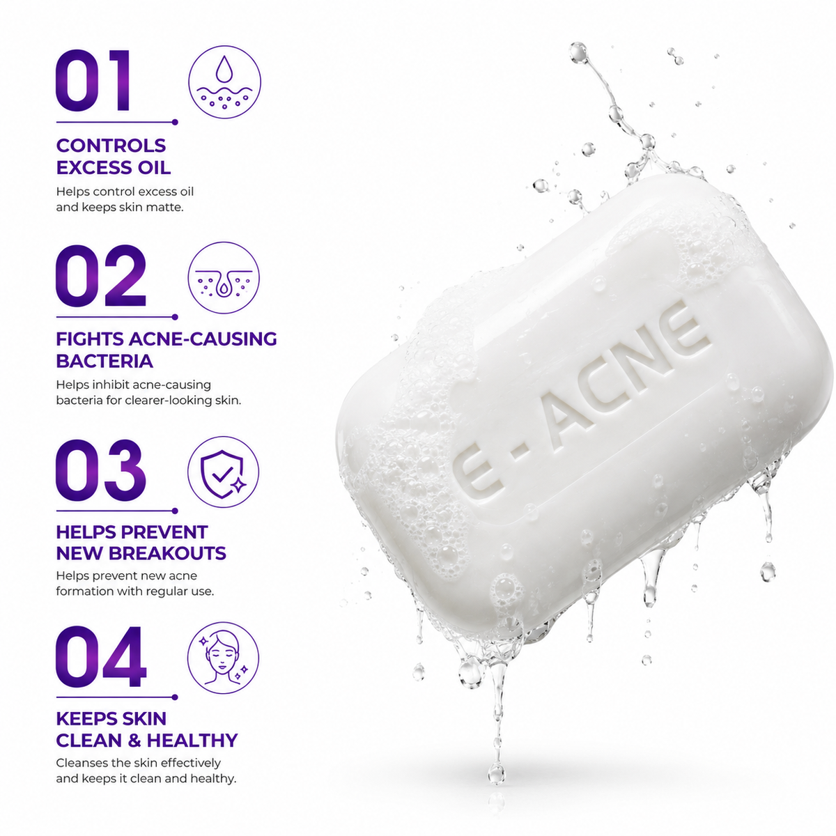 E Acne Soap, Oily & Acne Prone Skin, White, 75g
