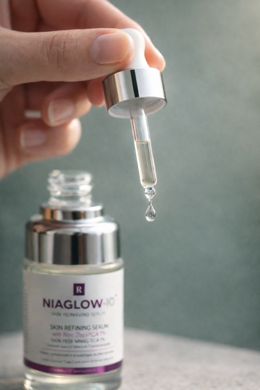 Hand holding a dropper over a Niaglow serum bottle with a gray background